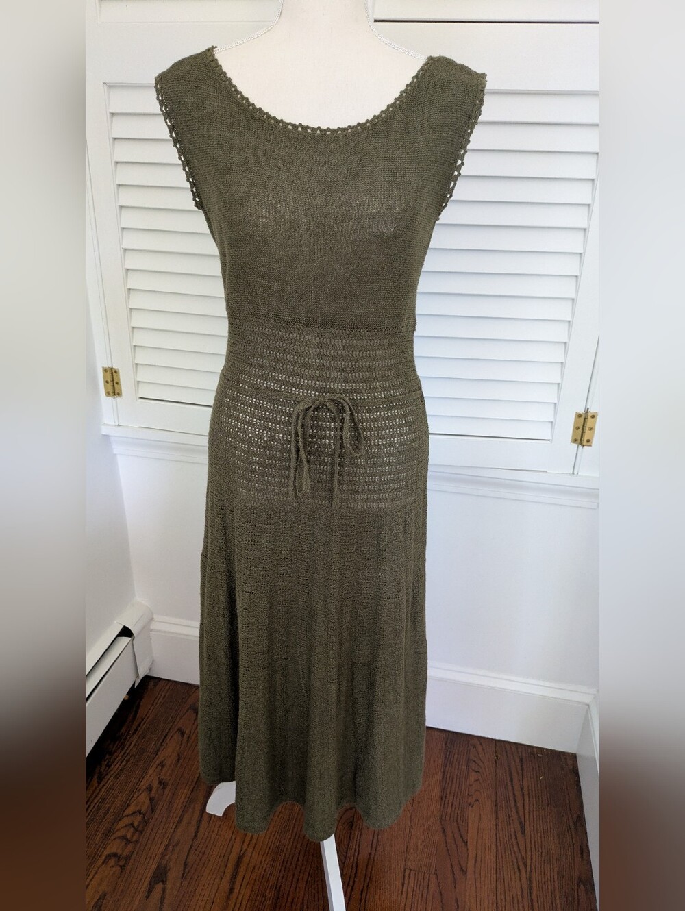 Ralph Lauren Olive Green Knit Midi Dress with Drawstring Waist, Sz Sm